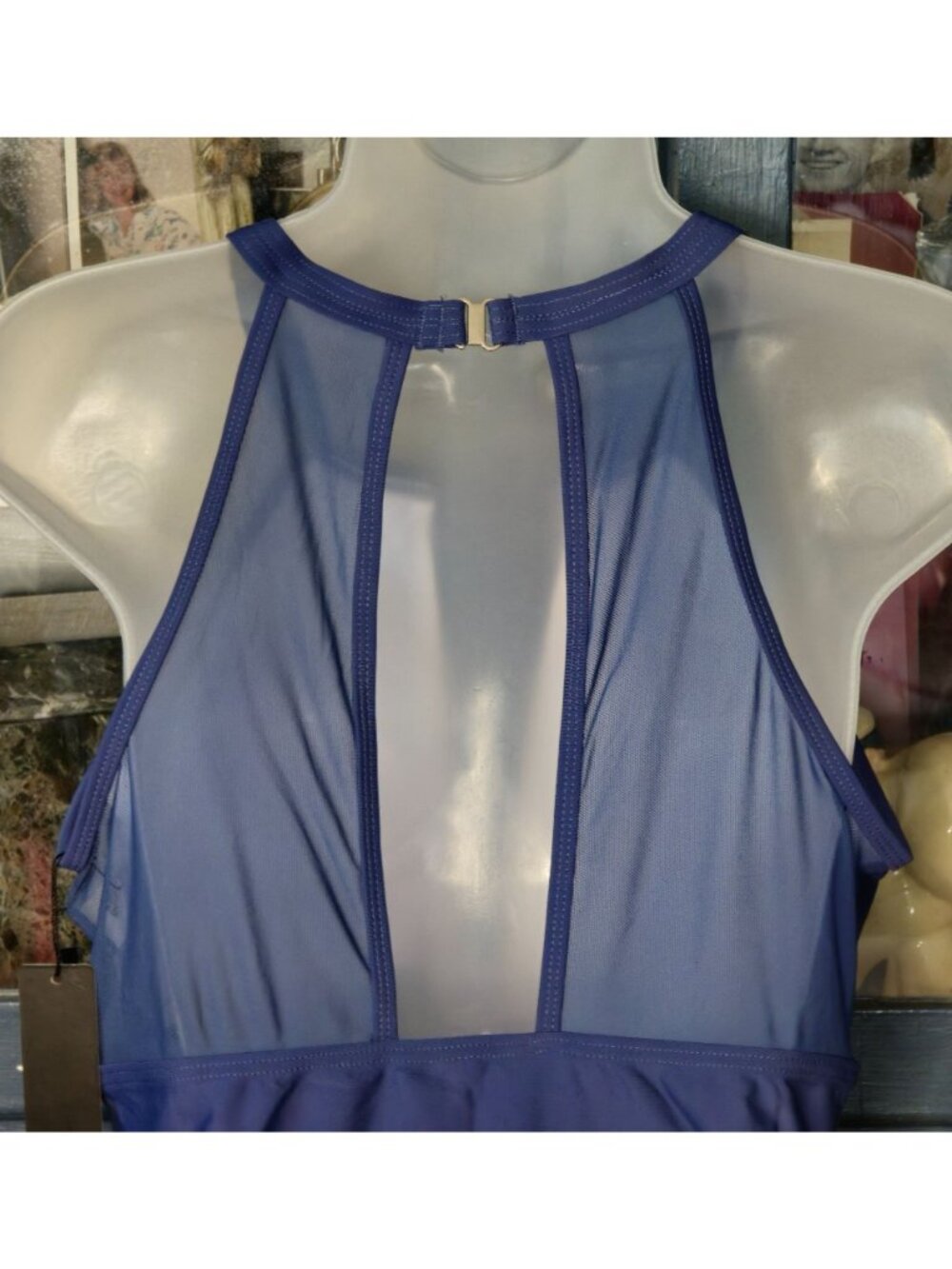 One Piece Swimsuit L Navy Halter Sheer Panels Keyhole Ruched Tummy Control - Picture 8 of 9